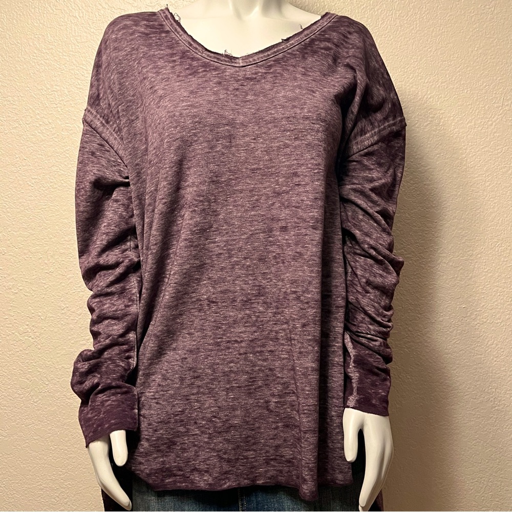 Free People Eggplant Distressed Long Sleeve Jersey Sweater  W/ Tuxedo Tail